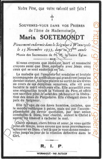 Maria Soetemondt, décédée à Winnezeele, le 15 Novembre 1953.